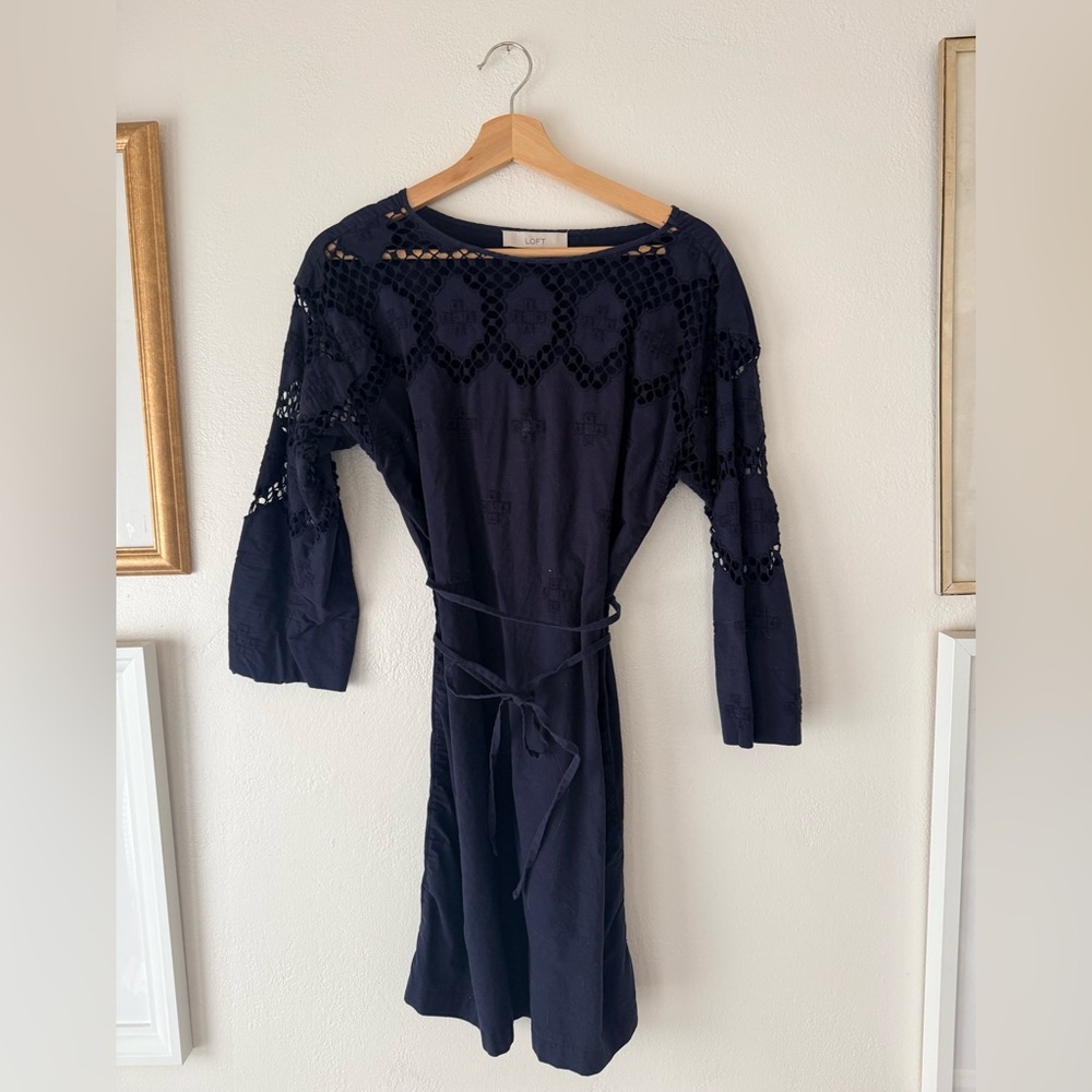 LOFT Navy Long Sleeve Dress with Lace Accents